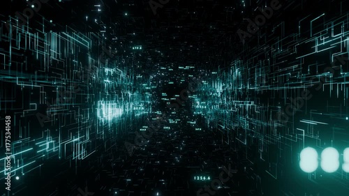 Dynamic abstract background featuring a digital tunnel or grid with glowing blue lines and numerical data, representing big data, network connections, AI, cybersecurity in seamless loop.