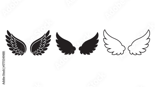Four decorative wing designs in black and white on transparent background silhouette