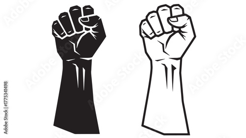 Two clenched fists one dark and one light a powerful silhouette on transparent background