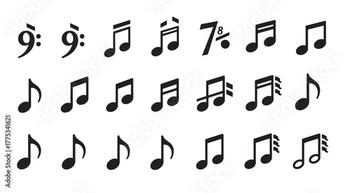 Collection of various musical notes in black isolated on transparent background silhouette