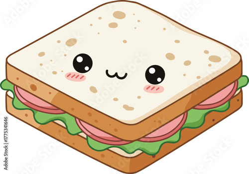 Cute cartoon sandwich, kawaii food illustration, smiling bread character, ham and lettuce snack, adorable lunch icon, kids menu design