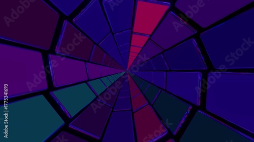 Vibrant Abstract Geometric Light Tunnel with Neon Blue and Purple Panels and Dynamic Perspective in Seamless Loop.