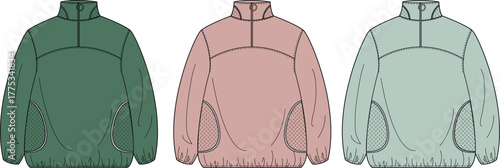 Collection of long-sleeve half-zip fleece pullover jackets in green and pink colorways. Fashion design technical flat sketch template