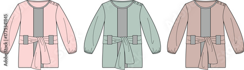 Fashion illustration of belted long-sleeved tunic dresses in pink, green, and brown, vector template