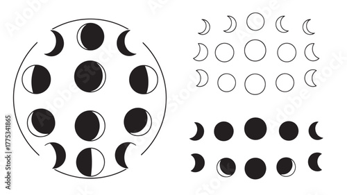 Lunar phases arrangement in a circular pattern on transparent background silhouette