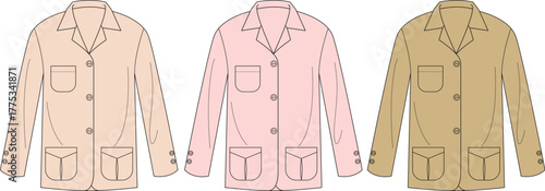 Three colorful jackets isolated on white background, different colors, front view apparel concepts