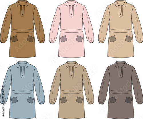 Set of colorful fashion flat technical sketches of a long sleeve tunic shirt with pockets. Vector illustration for clothing design and apparel templates
