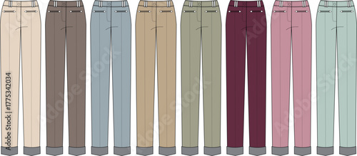 Assorted pants in various colors, showcasing diverse hues and fashion styles