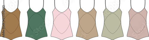 A collection of women's bodysuits in various shades of brown, green, and pink with a decorative pattern