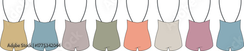 Collection of women's one-piece swimsuits in a soft, muted color palette. Set of hanging fashion apparel in a row for summer or retail concepts