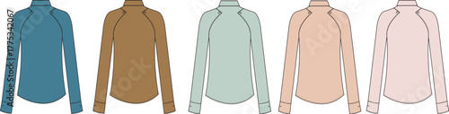 Collection of women's long sleeve mock neck shirts in various colors. Fashion apparel template and technical flat sketch vector illustration set