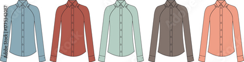 A modern vector illustration presenting five long-sleeve button-up shirts in a diverse color palette, perfect for fashion design, apparel mockups, and versatile clothing concept displays