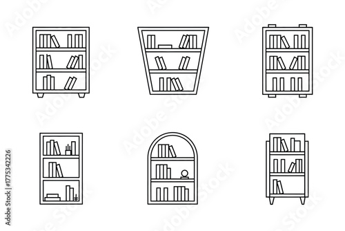 A collection of six different styles of bookshelves filled with books.