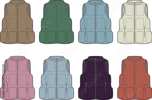 A collection of vibrant puffer vests in a variety of colors and styles, perfect for adding warmth and fashion to any outfit
