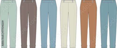 A Line of Casual Trousers in Various Earth Tones and Pastels, Exhibiting a Relaxed Fit and Folded Cuffs