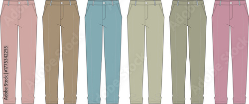 Colorful collection of women's casual trousers with rolled cuffs. Fashion apparel template and technical flat sketch illustration set