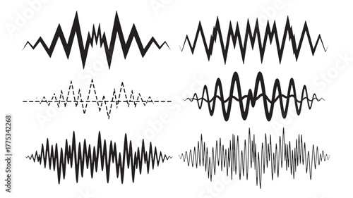 Various wave patterns and sound forms presented as a dark silhouette on transparent background