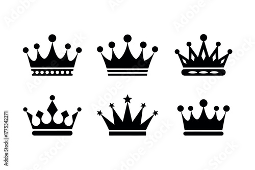 A collection of six royal crowns, symbolizing power and monarchy.