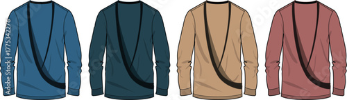 Set of four different colored long-sleeved t-shirts with a diagonal strap design, presented on a white background