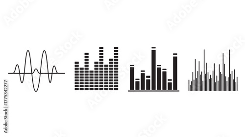 Equalizer graphic elements with varying frequency patterns on transparent background silhouette