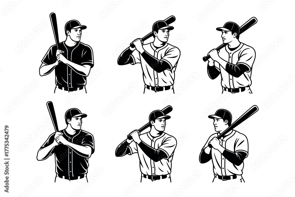 Fototapeta premium Multiple baseball players in batting stance holding bats in a stylized illustration.