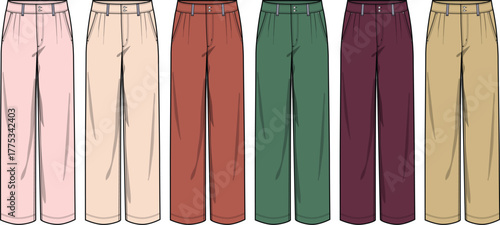Stylish fashion illustration featuring a set of comfortable wide-leg women's trousers in a beautiful spectrum of colors, perfect for versatile and modern everyday wear