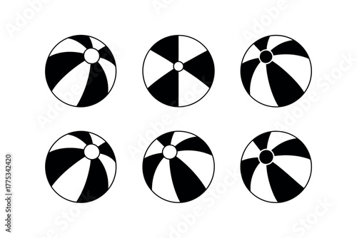 Six black and white beach balls are arranged in two rows on a white background.