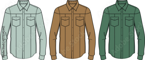 Collection of long-sleeve casual button-up shirts in varying hues, depicted in a clean vector style, ideal for fashion design, garment illustration, and everyday apparel inspiration