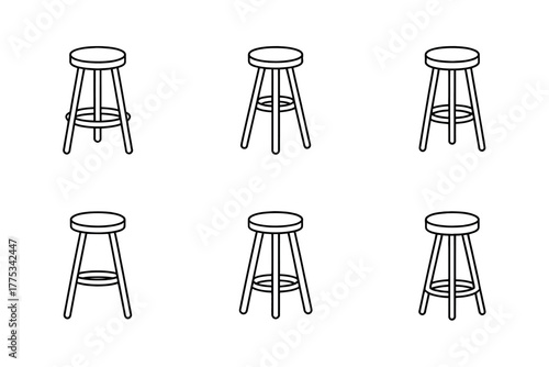 A collection of six bar stools in a line against a white background.