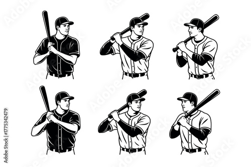 Multiple baseball players in batting stance holding bats in a stylized illustration.