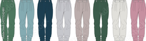 Vibrant collection of comfortable unisex tapered joggers in multiple colors. A modern fashion apparel template for casual loungewear and activewear design