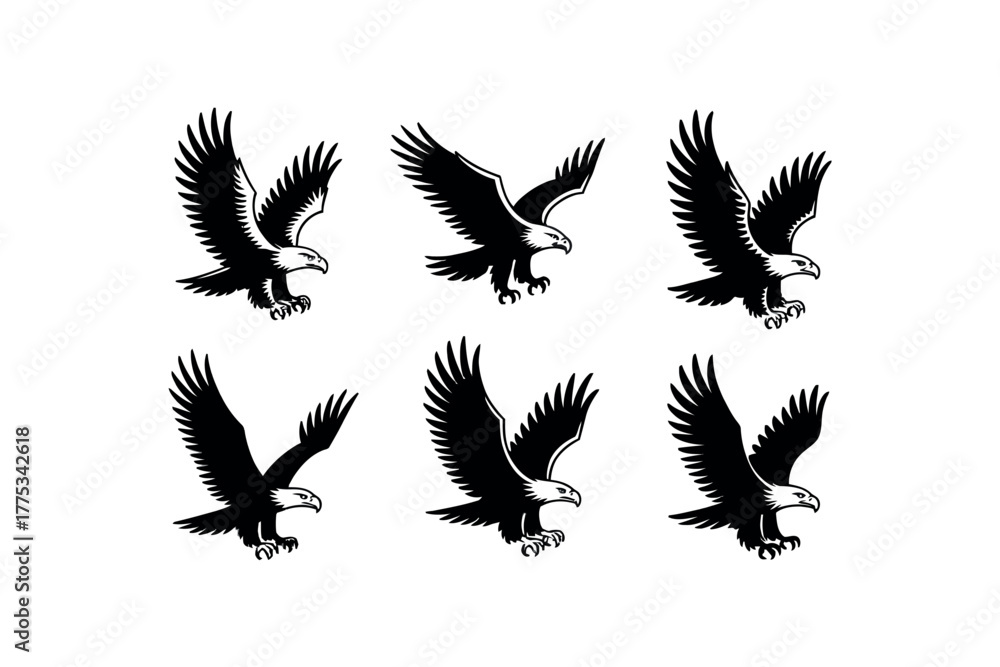 Obraz premium Six black silhouettes of eagles in flight are arranged in two rows.