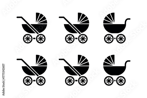 Six identical baby strollers are arranged in two rows on a white background.