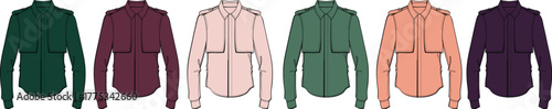Collection of colorful women's long-sleeve utility shirts with pockets, a vector technical flat sketch set for fashion design and apparel mockups