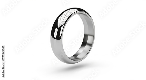 Iridescent futuristic metallic ring with unique geometric engravings, reflecting vibrant colors and modern design aesthetics as a symbol of technological elegance