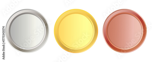 Gold, silver, and bronze award medals and tokens. Vector illustration of 3D tokens for designing certificates, quality seals, and guarantees.