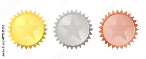 Gold, silver, and bronze award medals with a star. Vector illustration of tokens for designing certificates, quality marks, and guarantees