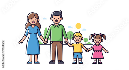 Illustration of a happy family of four holding hands. The father and mother are standing with their son and daughter.