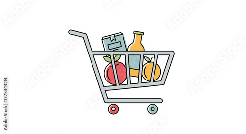 Illustration of a shopping cart containing various grocery items, including fresh produce and packaged goods.