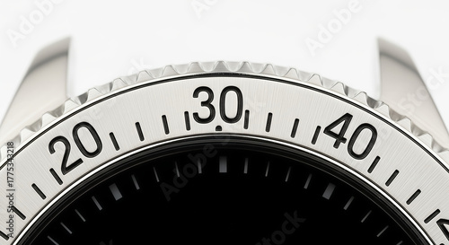 Close-up view of a precision watch bezel, featuring clear numerical markings and minute divisions, emphasizing meticulous craftsmanship and functional aesthetic