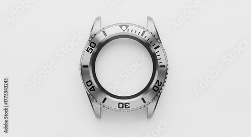Detailed close-up of a watch bezel with a silver metal finish and black markings, isolated on a plain white background