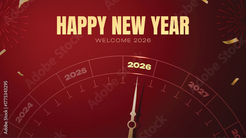 Happy New Year 2026 Countdown Banner with Red and Gold Background. Perfect for greeting cards, digital ads, and holiday promotions.