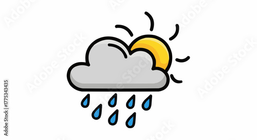 Stylized illustration of a cloud raining with the sun peeking out from behind, blending sunshine and precipitation.