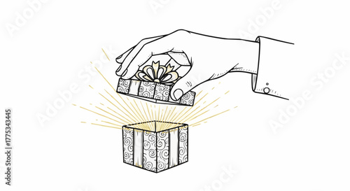 Hand opening a gift box with light shining out, an illustration of giving a gift with excitement and anticipation.