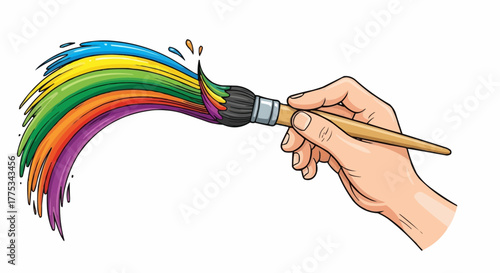 A hand expertly paints a vibrant rainbow arc with a brush, creating a colorful and expressive artistic display.