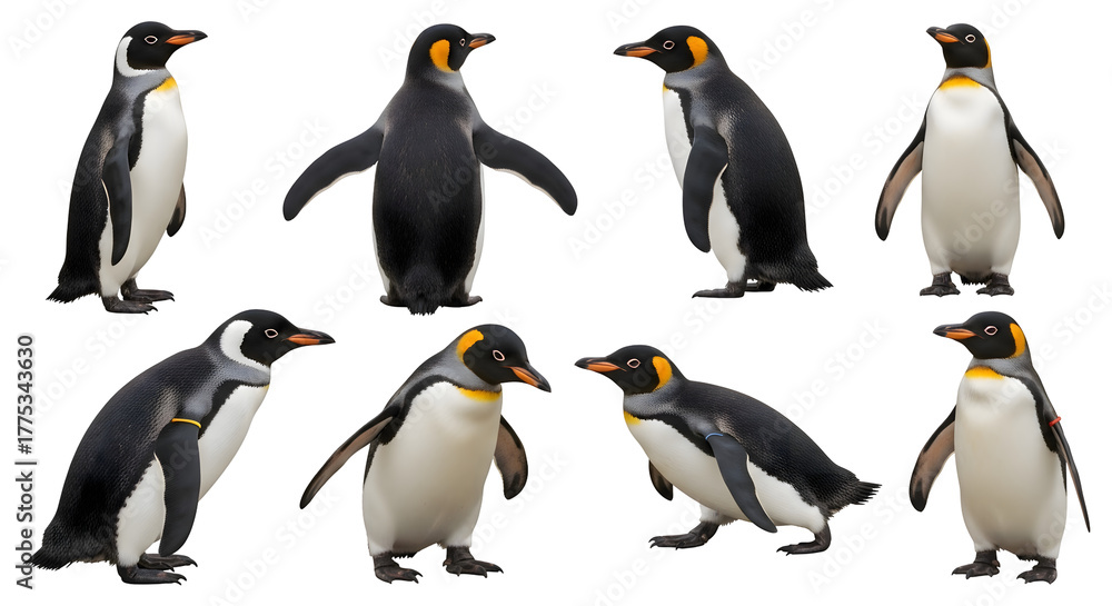 Fototapeta premium A collection of eight majestic King Penguins isolated on a white background, showcasing a variety of different poses and postures