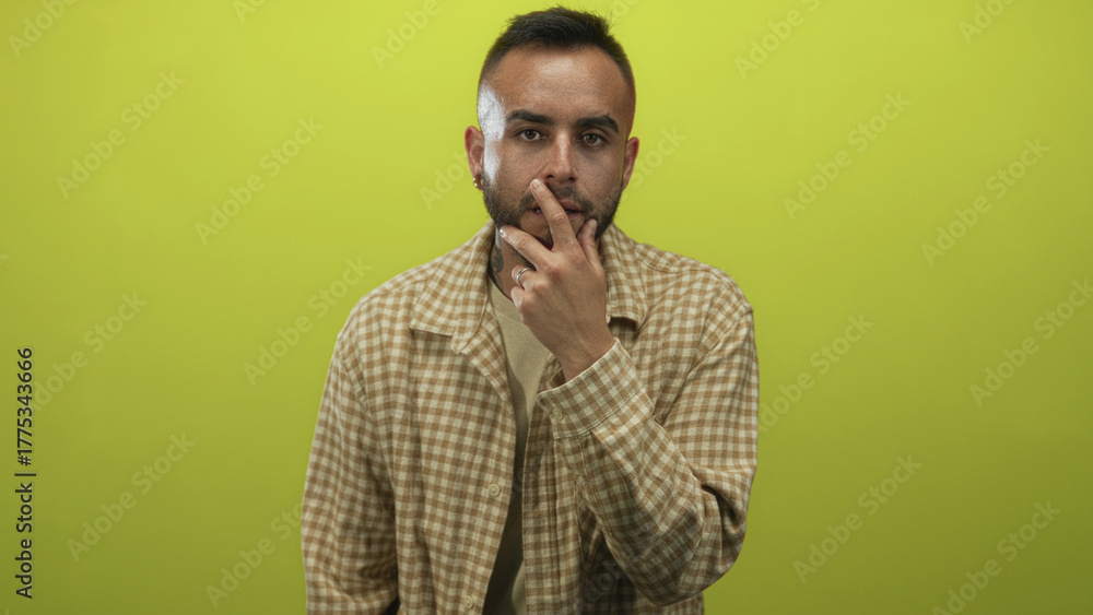 Fototapeta premium Man with beard and finger to lips for silence in lime green studio, facing camera with visible hand on mouth; thoughtful introspection.