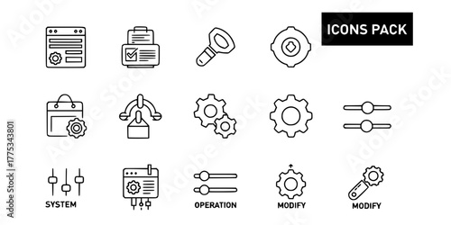 setting icon set collection in outline style. an icon pack contain system , config, tool, options, preference, control, gear, slider, operation, modify