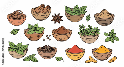 Spice and herbs on a wooden bowl.