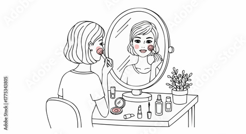Woman Applying Makeup in Front of a Mirror.